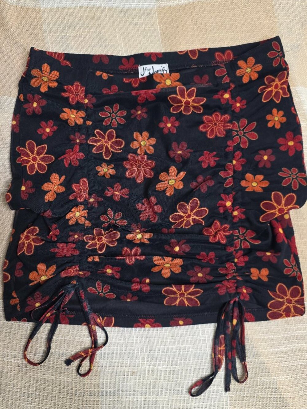 y2k McBling Resort Skater Girly Beachy Black & Orange Floral Cinched Mini Skirt